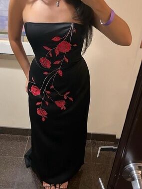 Morgan & Co. Black Strapless Maxi Dress with Red Floral Embroidery